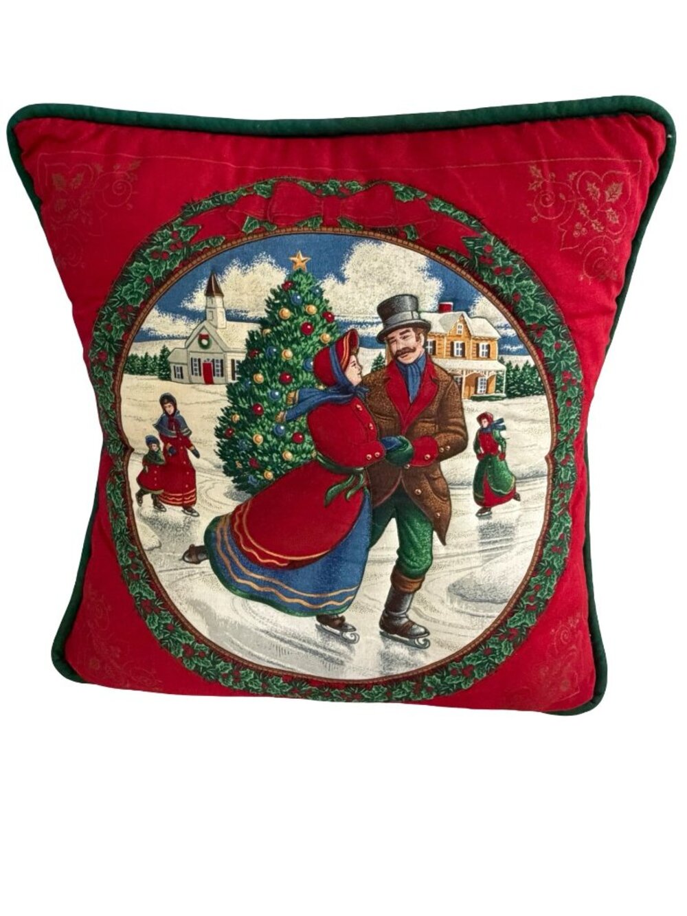 Vintage Christmas Ice Skating Couple Throw Pillow Red Holiday Decorative Cushion